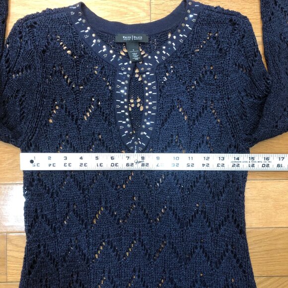 White House Black Market Studded Neckline Long Sleeve Navy Lace Sweater Size S - Picture 9 of 10